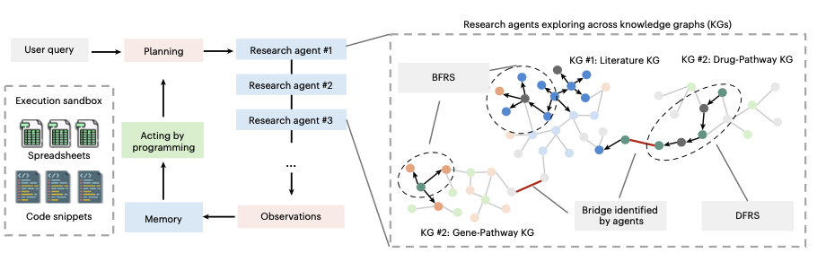 Diagram of the DeepEvidence architecture: multiple research agents use code and memory to coordinate breadth-first and depth-first exploration across literature, drug–pathway, and gene–pathway knowledge graphs, identifying bridges between sources.