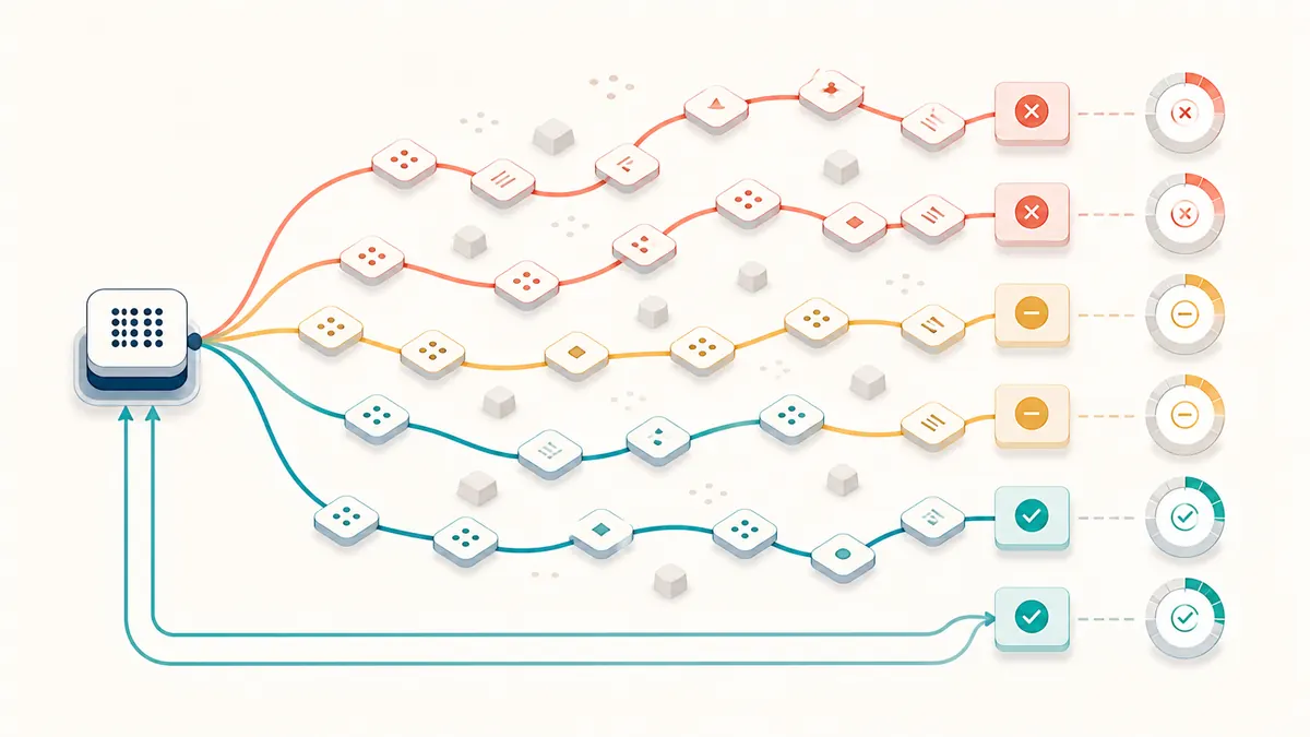 Animated illustration of multiple candidate reasoning paths receiving outcome-based feedback from a verifier, with successful reward signals returning to the model.
