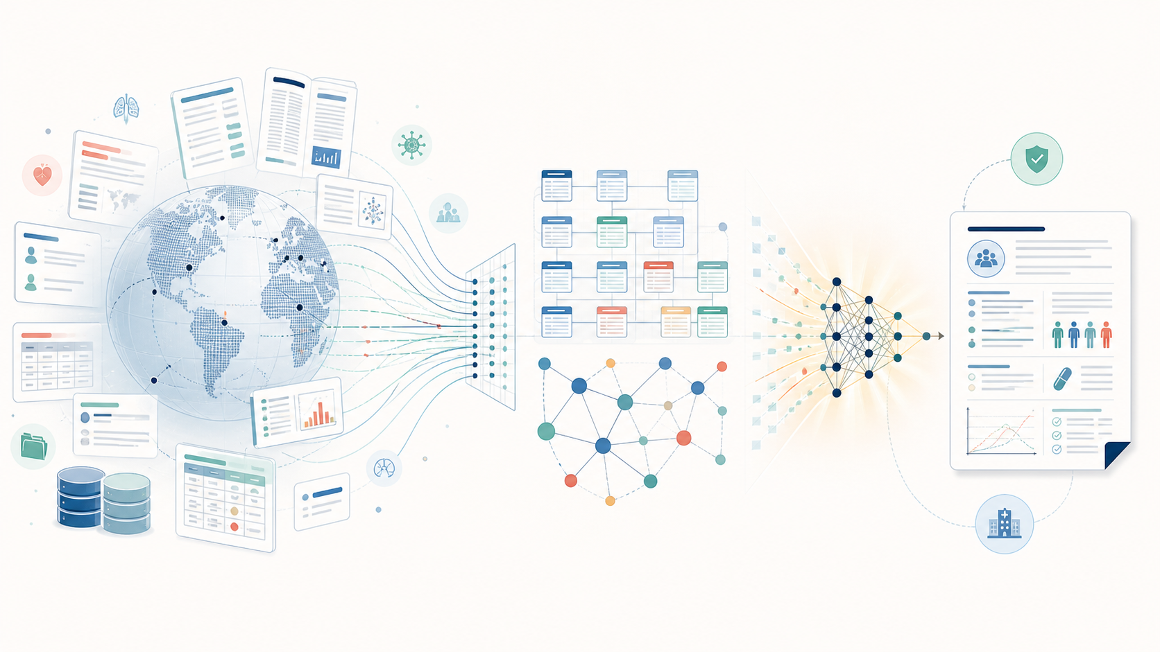 Global clinical trial records, literature, and biomedical entities converge into a unified database, knowledge graph, and AI research workflow.